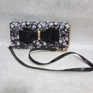 Betsey Johnson XOLYLA Crossbody Patent Finish Black Bow Multi Color Disco EUC